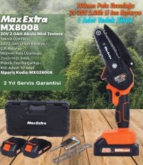 Max-Extra MX8008 20 V 2.0 Ah Şarjlı Çift Akülü Mini Dal Budama Testeresi