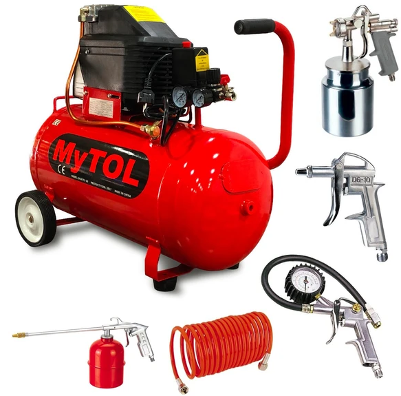 MYTOL 50 Litre Hava Kompresörü 2 Hp 8 Bar ve 5Li Havalı Set