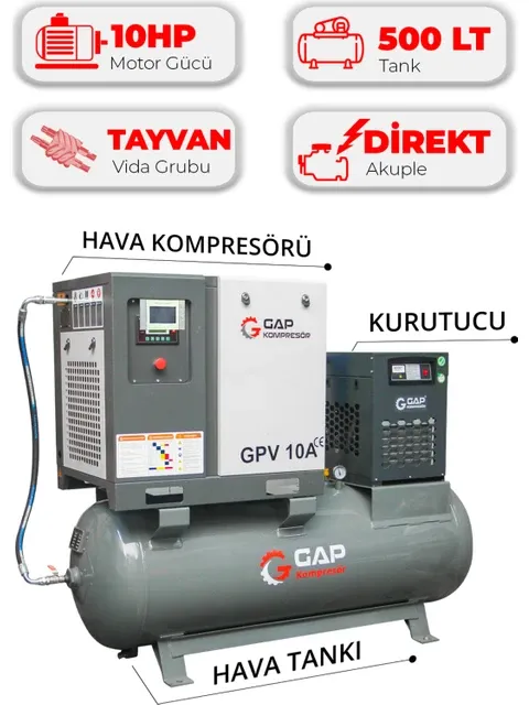 GAP Kompresör Hava Kompresörü Depo Üstü Vidalı 10HP 500LT GPV10A